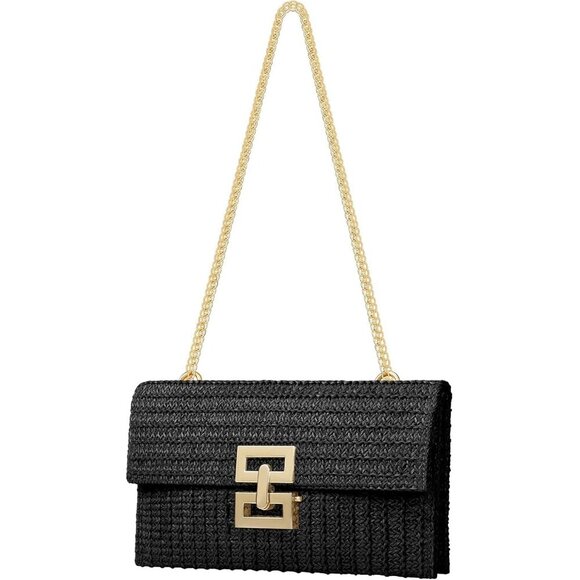 Handbags - Black Woven Raffia Beach Clutch Crossbody Bag with Chain Strap for Women